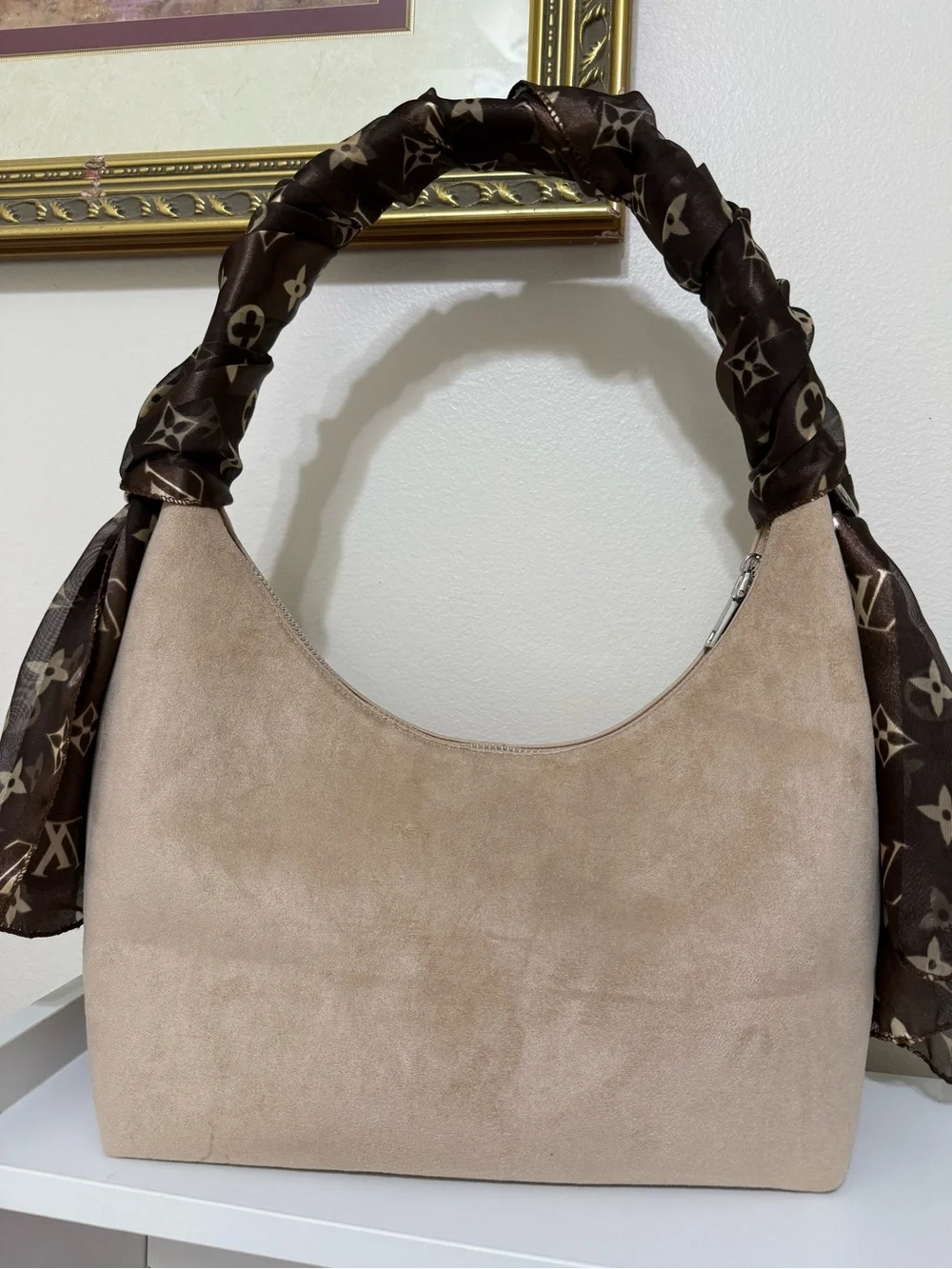 Suede Crescent Shoulder Bag in Beige